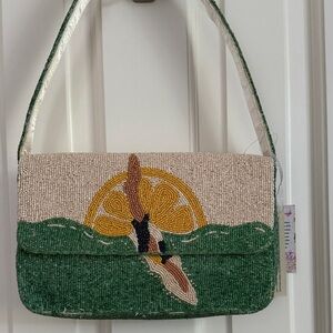 Chic Green and Cream Lemon Diver Beaded Shoulder Bag